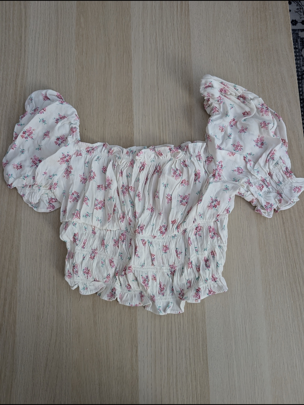 H&M Cream Floral Smocked Off-Shoulder Crop Top